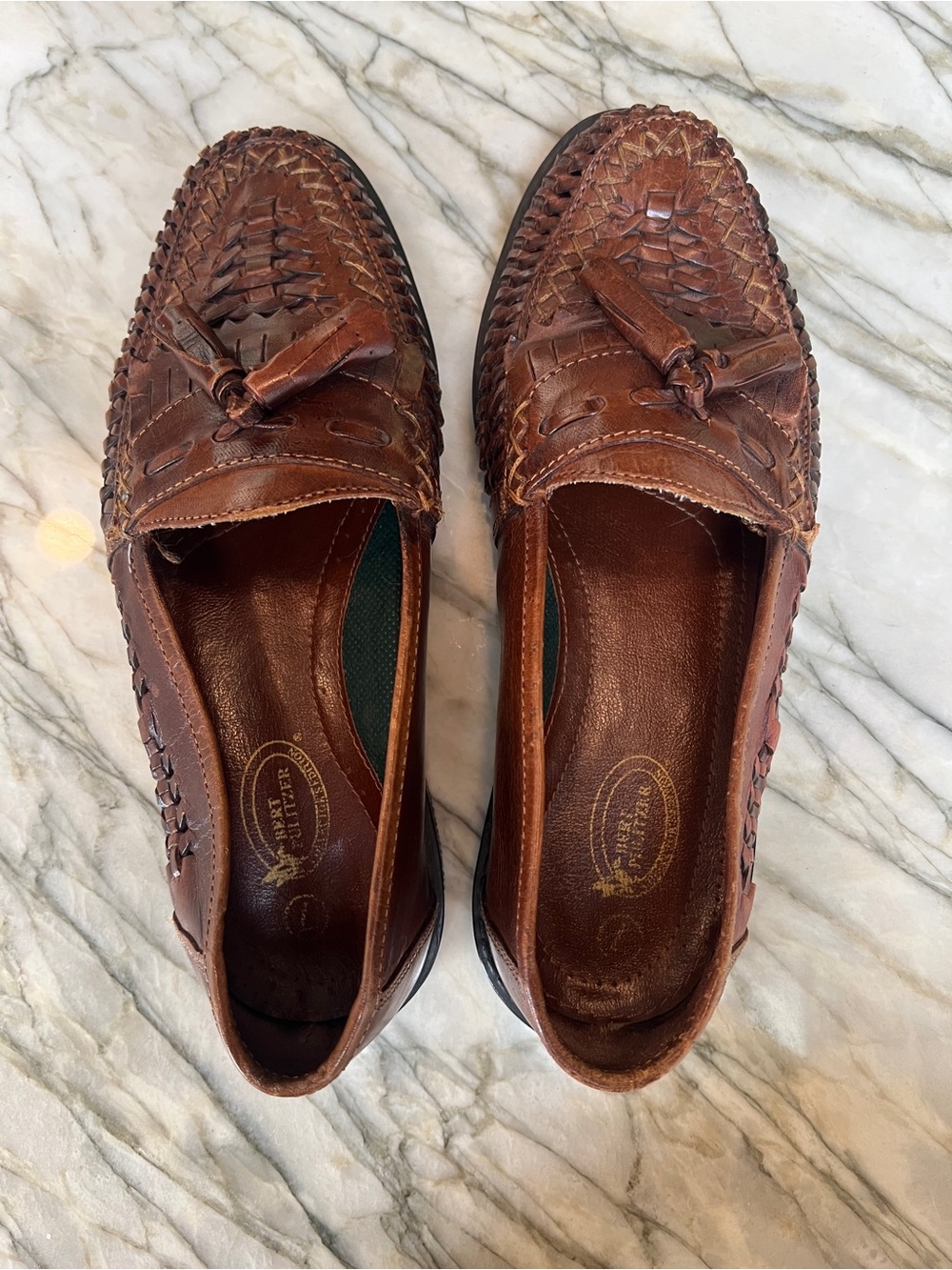 Vintage Woven Leather Tassel Slip-On Loafers in Brown